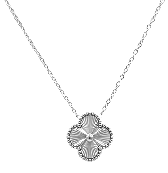 Enjoy designer quality at an affordable price with our Stainless Steel Four Leaf Clover Pendant Necklace with silver detailing. This trending style lucky 4 leaf clover pendant is the perfect gift for women. Matching earrings and bracelet are available separately.

The pendant is 15mm x 15mm. The chain is 40cm with an additional 5cm extension. Colour is silver.


See matching bracelet MP72

Delivered in a soft, grey, velveteen pouch.&nbsp;