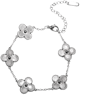 Enjoy designer quality at an affordable price with our Four Leaf Clover Double-Sided Bracelet in stainless steel. This trending style lucky 4 leaf clover charm bracelet is the perfect gift for women. Matching earrings and necklaces are available separately.

Made from titanium steel with 18K gold plating. The charms are 13mm x 13mm. The chain is 16cm with an additional 5cm extension. Colour is silver.

Delivered in a soft, grey, velveteen pouch