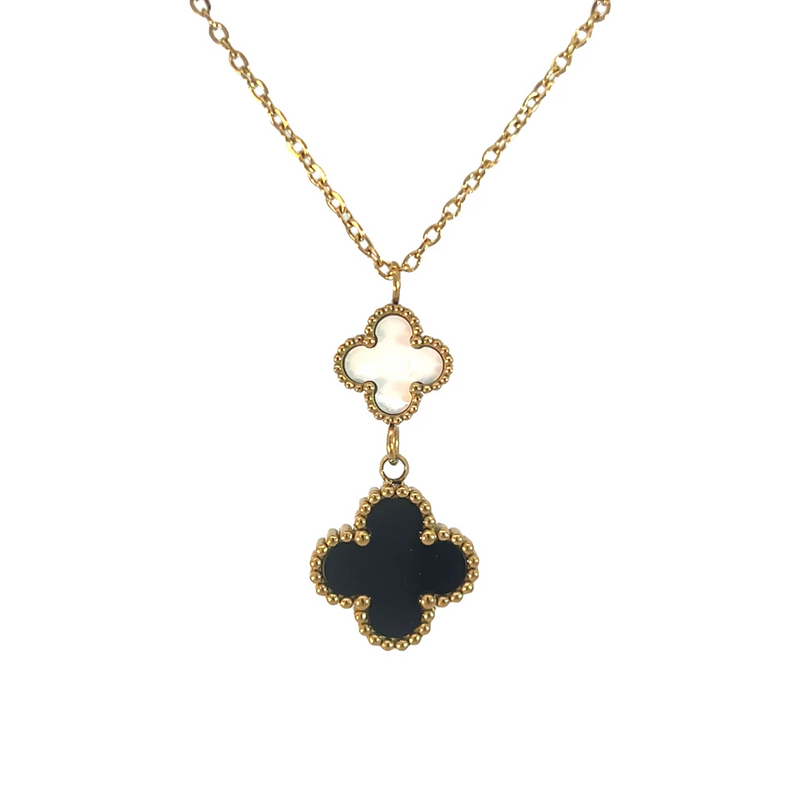 Double Drop White and Black Four Leaf Clover Pendant Necklace, 18K Gold Plated