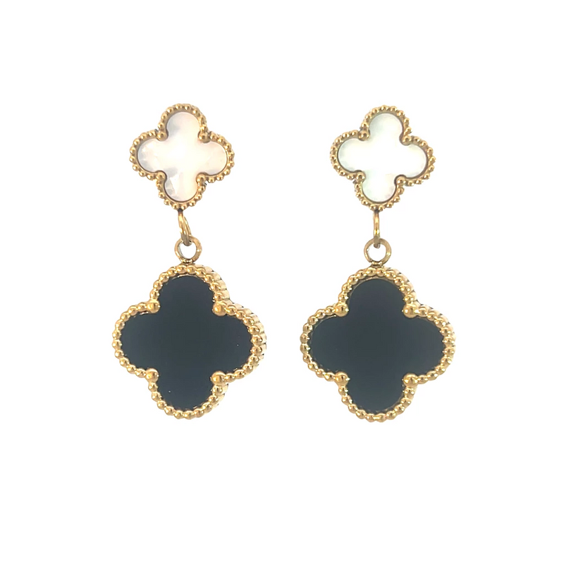 Double Drop White and Black Four Leaf Clover Stud Drop Earrings, 18K Gold Plated