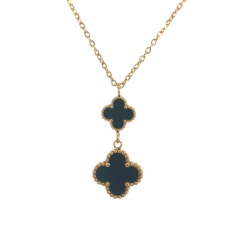 Double Drop Black Four Leaf Clover Pendant Necklace, 18K Gold Plated