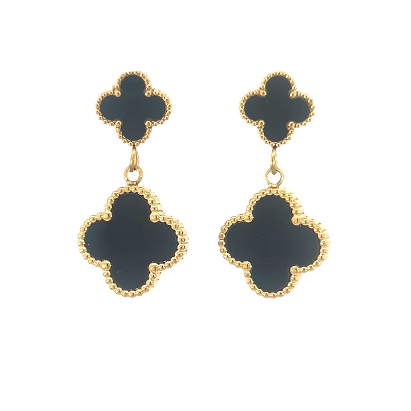 Double Drop Black Four Leaf Clover Stud Drop Earrings, 18K Gold Plated