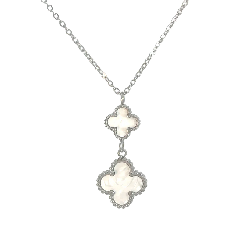 MP83 - Double Drop White Four Leaf Clover Pendant Necklace, Silver Coloured