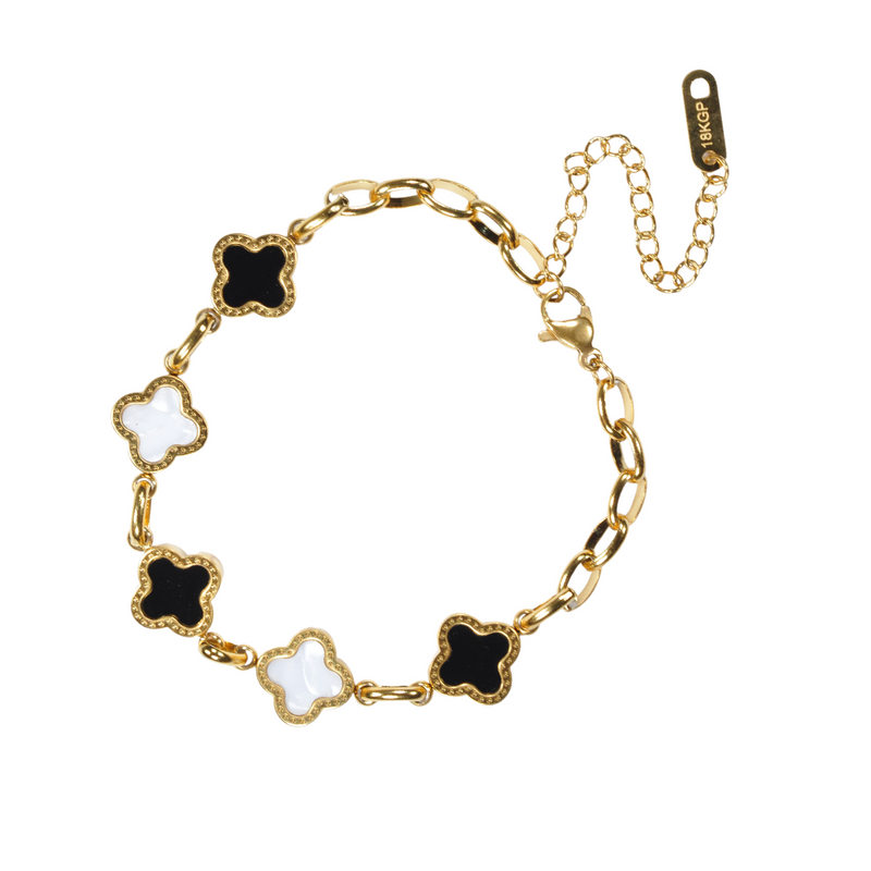 Black and White Four Leaf Clover Bracelet, 18K Gold Plated