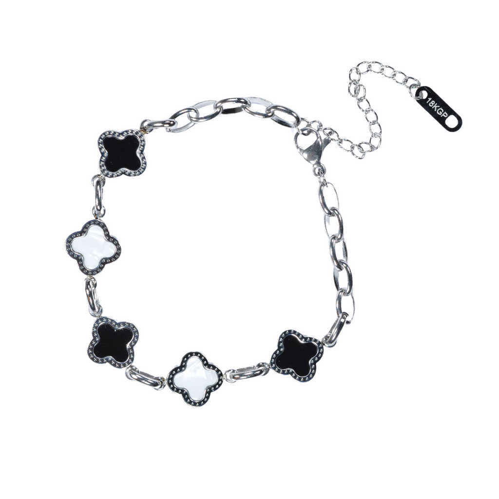 MP91 Black and White Four Leaf Clover Bracelet, Silver Coloured