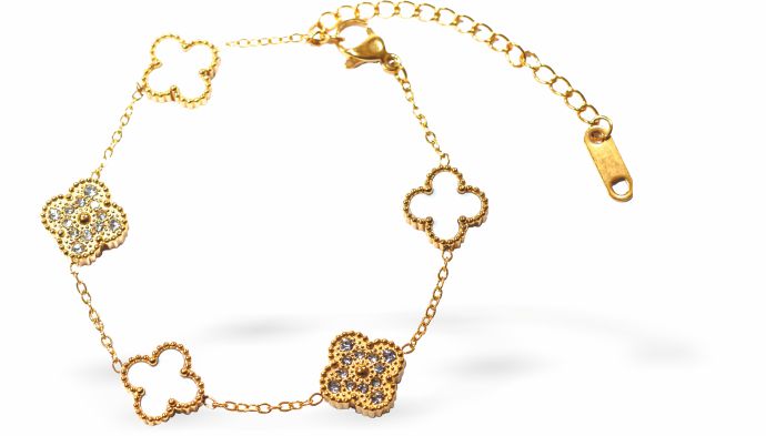 Enjoy designer quality at an affordable price with our White and Clover Four Leaf Clover Bracelet with golden detailing and extension chain. This trending style lucky 4 leaf clover pendant is the perfect gift for women. Delivered in a soft, grey, velveteen pouch.&nbsp;
