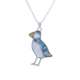 Paua Shell Cute Puffin Necklace with Pearl Inlay, Rhodium Plated