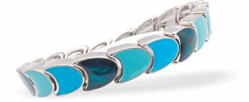 Paua Shell &nbsp;Crescent Stretch Bracelet
Stretch, Rhodium Plated

Hypoallergenic: Nickel, Lead and Cadmium free
Delivered in a soft, black, velveteen pouch