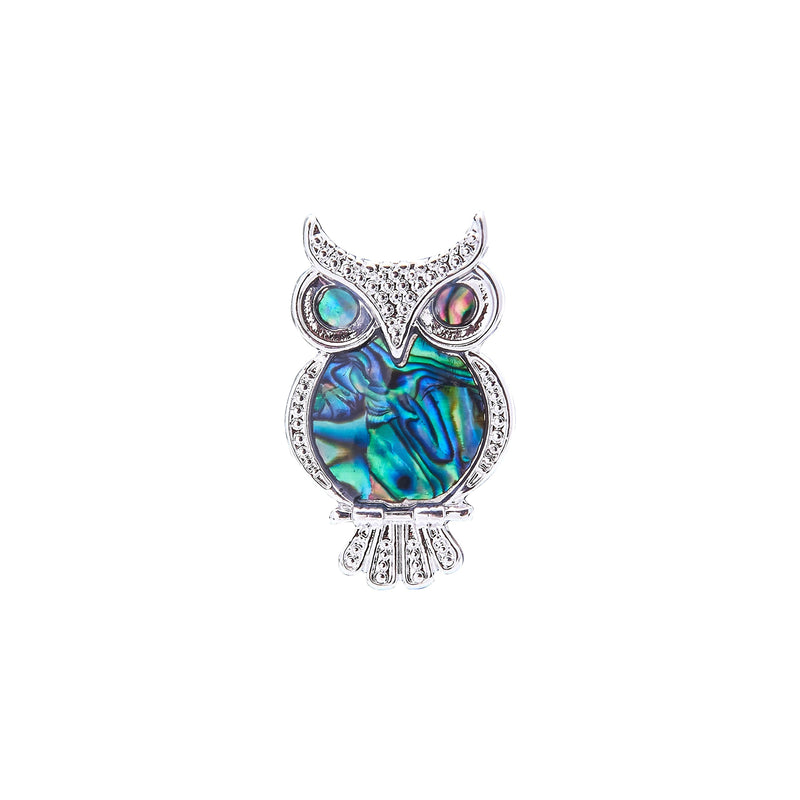 Cute Paua Shell Owl Brooch by Byzantium, 30mm in size, Rhodium Plated