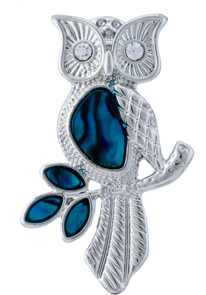 P344 - Owl Brooch sitting on a Branch in Paua Shell, rhodium Plated