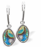 Natural Paua Shell Delicate Drop Earrings Hypoallergenic: Rhodium Plated, Nickel, Lead and Cadmium Free Greeny Blue in colour 12mm in size See matching necklace P703 Delivered in a soft, black, velveteen pouch