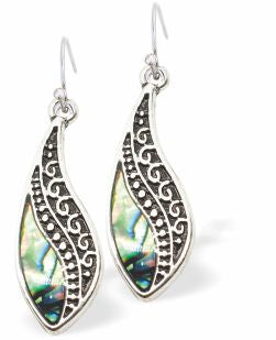 Natural Paua Shell Antique Wave Drop Earrings Hypoallergenic: Rhodium Plated, Nickel, Lead and Cadmium Free Greeny Blue in colour 25mm in size See matching necklace P706 Delivered in a soft, black, velveteen pouch