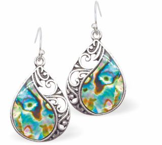 Natural Paua Shell Curved Drop Earrings Hypoallergenic: Rhodium Plated, Nickel, Lead and Cadmium Free Greeny Blue in colour 18mm in size See matching necklace P707 Delivered in a soft, black, velveteen pouch