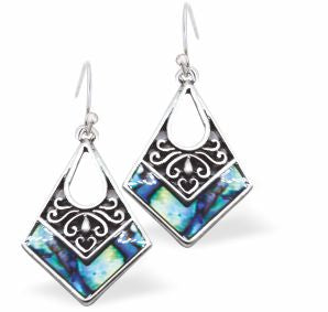 Natural Paua Shell Kite Drop Earrings Hypoallergenic: Rhodium Plated, Nickel, Lead and Cadmium Free Greeny Blue in colour 22mm in size See matching necklace P709 Delivered in a soft, black, velveteen pouch