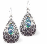 Natural Paua Shell Celtic Framed Drop Earrings Hypoallergenic: Rhodium Plated, Nickel, Lead and Cadmium Free Greeny Blue in colour 20mm in size See matching necklace P710 Delivered in a soft, black, velveteen pouch