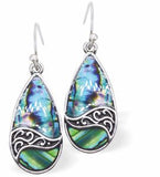 Natural Paua Shell Teardrop Drop Earrings Hypoallergenic: Rhodium Plated, Nickel, Lead and Cadmium Free Greeny Blue in colour 30mm in size See matching necklace P712 Delivered in a soft, black, velveteen pouch
