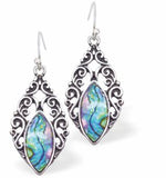 Natural Paua Shell Gothic Drop Earrings Hypoallergenic: Rhodium Plated, Nickel, Lead and Cadmium Free Greeny Blue in colour 25mm in size See matching necklace P714 Delivered in a soft, black, velveteen pouch