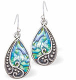 Natural Paua Shell Half Framed Droplet Drop Earrings Hypoallergenic: Rhodium Plated, Nickel, Lead and Cadmium Free Greeny Blue in colour 20mm in size See matching necklace P715 Delivered in a soft, black, velveteen pouch