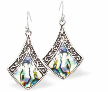 Natural Paua Shell Triangle Drop Earrings Hypoallergenic: Rhodium Plated, Nickel, Lead and Cadmium Free Greeny Blue in colour 25mm in size See matching necklace P716 Delivered in a soft, black, velveteen pouch