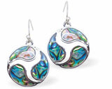 Natural Paua Shell Dome Drop Earrings Hypoallergenic: Rhodium Plated, Nickel, Lead and Cadmium Free Greeny Blue in colour 15mm in size See matching necklace P717 Delivered in a soft, black, velveteen pouch
