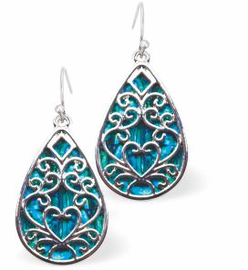 Natural Paua Shell Peardrop with heart Drop Earrings Hypoallergenic: Rhodium Plated, Nickel, Lead and Cadmium Free Greeny Blue in colour 24mm in size See matching necklace P718 Delivered in a soft, black, velveteen pouch