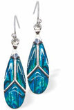 Natural Paua Shell Triskelion Teardrop Drop Earrings Hypoallergenic: Rhodium Plated, Nickel, Lead and Cadmium Free Greeny Blue in colour 25mm in size See matching necklace P719 Delivered in a soft, black, velveteen pouch