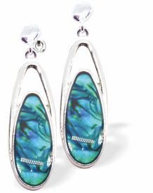 Natural Paua Shell Doubledrop Drop Earrings Hypoallergenic: Rhodium Plated, Nickel, Lead and Cadmium Free Greeny Blue in colour 25mm in size See matching necklace P722 Delivered in a soft, black, velveteen pouch