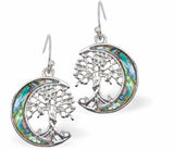 Natural Paua Shell Tree of Life in the Moon Drop Earrings, Rhodium Plated