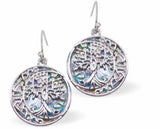 Natural Paua Shell Tree of Life with Crescent Moon Drop Earrings Hypoallergenic: Rhodium Plated, Nickel, Lead and Cadmium Free Greeny Blue in colour 20mm in size See matching necklace P724 Delivered in a soft, black, velveteen pouch