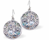 Natural Paua Shell Tree of Life with Crescent Moon Drop Earrings, Rhodium Plated