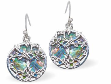 Natural Paua Shell Twisted Tree of Life Drop Earrings Hypoallergenic: Rhodium Plated, Nickel, Lead and Cadmium Free Greeny Blue in colour 15mm in size See matching necklace P725 Delivered in a soft, black, velveteen pouch