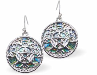 Natural Paua Shell Sun Drop Earrings Hypoallergenic: Rhodium Plated, Nickel, Lead and Cadmium Free Greeny Blue in colour 15mm in size See matching necklace P729 Delivered in a soft, black, velveteen pouch