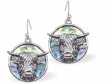Natural Paua Shell Long Horn Highland Cow Drop Earrings Hypoallergenic: Rhodium Plated, Nickel, Lead and Cadmium Free Greeny Blue in colour 15mm in size See matching necklace P734 Delivered in a soft, black, velveteen pouch
