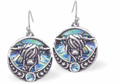 Natural Paua Shell Kyloe Highland Cow Drop Earrings: Adorable green-blue Paua shell cow drops, 18mm in size. Rhodium-plated, hypoallergenic, and free from nickel, lead, and cadmium. Delivered in a soft black velveteen pouch. Pair with the matching Necklace P736.