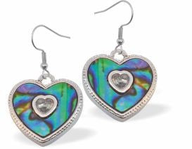 Paua Shell Heart Design with Stone Drop Earrings, Rhodium Plated