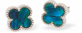 Paua Shell&nbsp; Clover Stud Earrings
10mm, Rhodium Plated

Hypoallergenic: Nickel, Lead and Cadmium free
Delivered in a soft, black, velveteen pouch