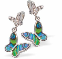 Paua Shell Butterflies Drop Earrings
25mm, Rhodium Plated

18" Chain
Hypoallergenic: Nickel, Lead and Cadmium free
Delivered in a soft, black, velveteen pouch