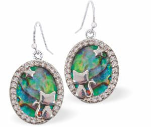 Paua Shell Oval with Kitty Drop Earrings
15mm, Rhodium Plated

Hypoallergenic: Nickel, Lead and Cadmium free
Delivered in a soft, black, velveteen pouch