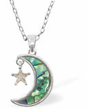 Natural Paua Shell Moon and Star Necklace Hypoallergenic: Rhodium Plated, Nickel, Lead and Cadmium Free Greeny Blue in colour 20mm in size, 18" Rhodium Plated Chain Delivered in a soft, black, velveteen pouch