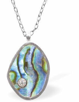 Natural Paua Shell Delicate Drop Necklace Hypoallergenic: Rhodium Plated, Nickel, Lead and Cadmium Free Greeny Blue in colour 15mm in size, 18" Rhodium Plated Chain See matching earrings P510 Delivered in a soft, black, velveteen pouch