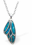 Natural Paua Shell Bee's wing Necklace Hypoallergenic: Rhodium Plated, Nickel, Lead and Cadmium Free Greeny Blue in colour 30mm in size, 18" Rhodium Plated Chain See matching necklace P511 Delivered in a soft, black, velveteen pouch
