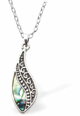 Natural Paua Shell Antique Wave Necklace Hypoallergenic: Rhodium Plated, Nickel, Lead and Cadmium Free Greeny Blue in colour 25mm in size, 18" Rhodium Plated Chain See matching necklace P512 Delivered in a soft, black, velveteen pouch