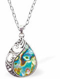 Natural Paua Shell Curved Necklace Hypoallergenic: Rhodium Plated, Nickel, Lead and Cadmium Free Greeny Blue in colour 24mm in size, 18" Rhodium Plated Chain See matching earrings P513 Delivered in a soft, black, velveteen pouch