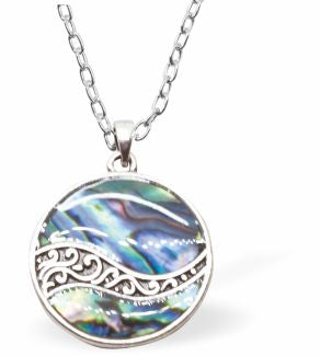 Natural Paua Shell Round Wave Necklace Hypoallergenic: Rhodium Plated, Nickel, Lead and Cadmium Free Greeny Blue in colour 24mm in size, 18" Rhodium Plated Chain See matching earrings P514 Delivered in a soft, black, velveteen pouch