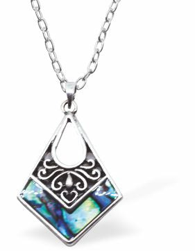 Natural Paua Shell Kite Necklace Hypoallergenic: Rhodium Plated, Nickel, Lead and Cadmium Free Greeny Blue in colour 30mm in size, 18" Rhodium Plated Chain See matching earrings P515 Delivered in a soft, black, velveteen pouch