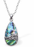 Natural Paua Shell Teardrop Necklace Hypoallergenic: Rhodium Plated, Nickel, Lead and Cadmium Free Greeny Blue in colour 30mm in size, 18" Rhodium Plated Chain See matching earrings P518 Delivered in a soft, black, velveteen pouch