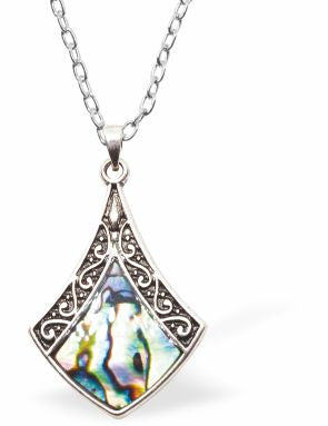 Natural Paua Shell Triangle Necklace Hypoallergenic: Rhodium Plated, Nickel, Lead and Cadmium Free Greeny Blue in colour 30mm in size, 18" Rhodium Plated Chain See matching earrings P522 Delivered in a soft, black, velveteen pouch