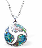 Natural Paua Shell Dolphins Necklace Hypoallergenic: Rhodium Plated, Nickel, Lead and Cadmium Free Greeny Blue in colour 20mm in size, 18" Rhodium Plated Chain See matching earrings P523 Delivered in a soft, black, velveteen pouch