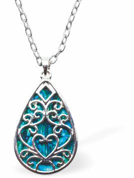 Natural Paua Shell Peardrop with Heart Necklace  Hypoallergenic: Rhodium Plated, Nickel, Lead and Cadmium Free Greeny Blue in colour 30mm in size, 18" Rhodium Plated Chain See matching earrings P529 Delivered in a soft, black, velveteen pouch