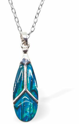 Natural Paua Shell Triskelion Necklace Hypoallergenic: Rhodium Plated, Nickel, Lead and Cadmium Free Greeny Blue in colour 30mm in size, 18" Rhodium Plated Chain See matching earrings P525 Delivered in a soft, black, velveteen pouch